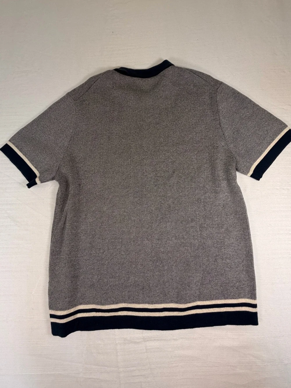 J. Crew Gray Short-Sleeve Polo Cardigan with Navy and Cream Trim